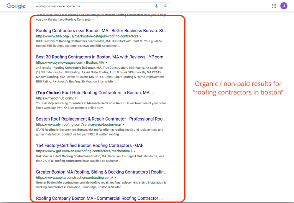 Organic Search Results Roofing Contractos