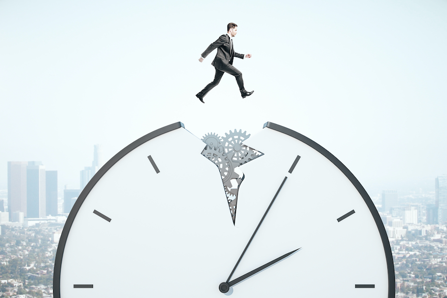 Businessman Runing On Gear Cogwheel Clock On City Baclground. Time Management And Dial Concept, 3D