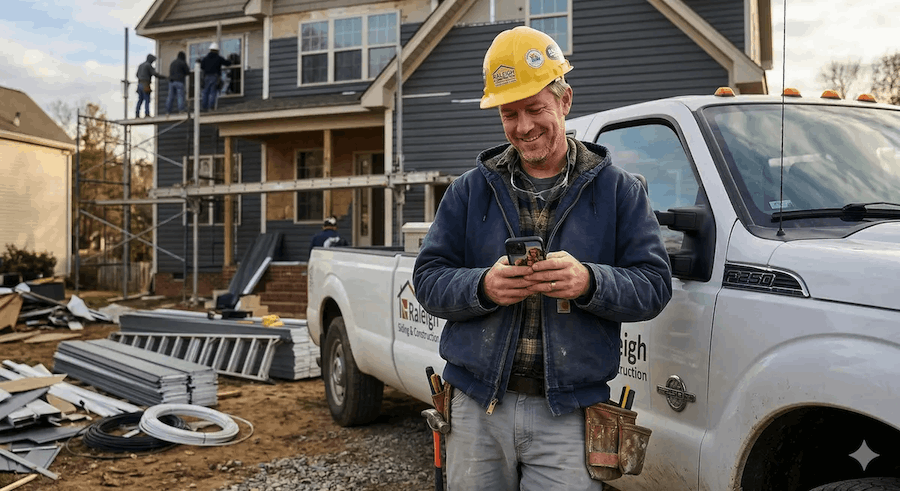 Contractor coordinating on cell phone
